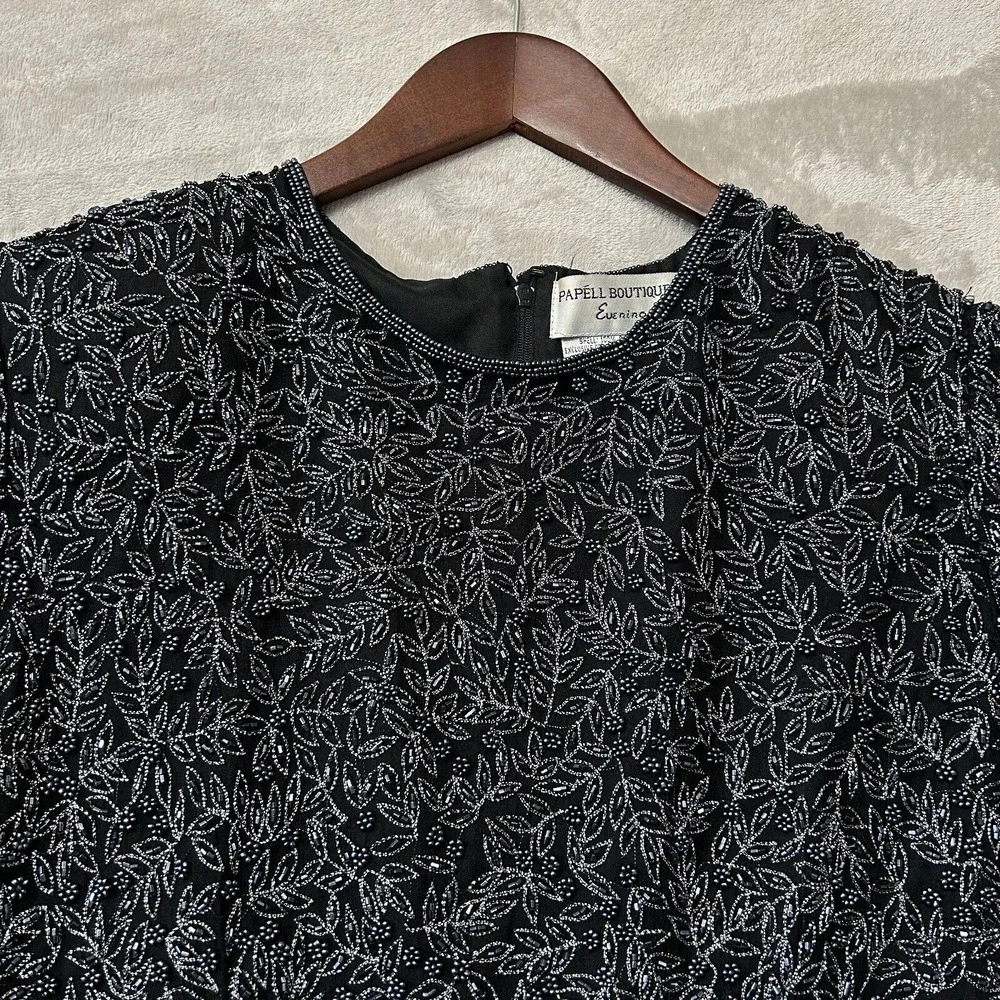 Adrianna Papell Silk‎ Top Formal Black Beaded Medium Embellished Zip Fairy Goth